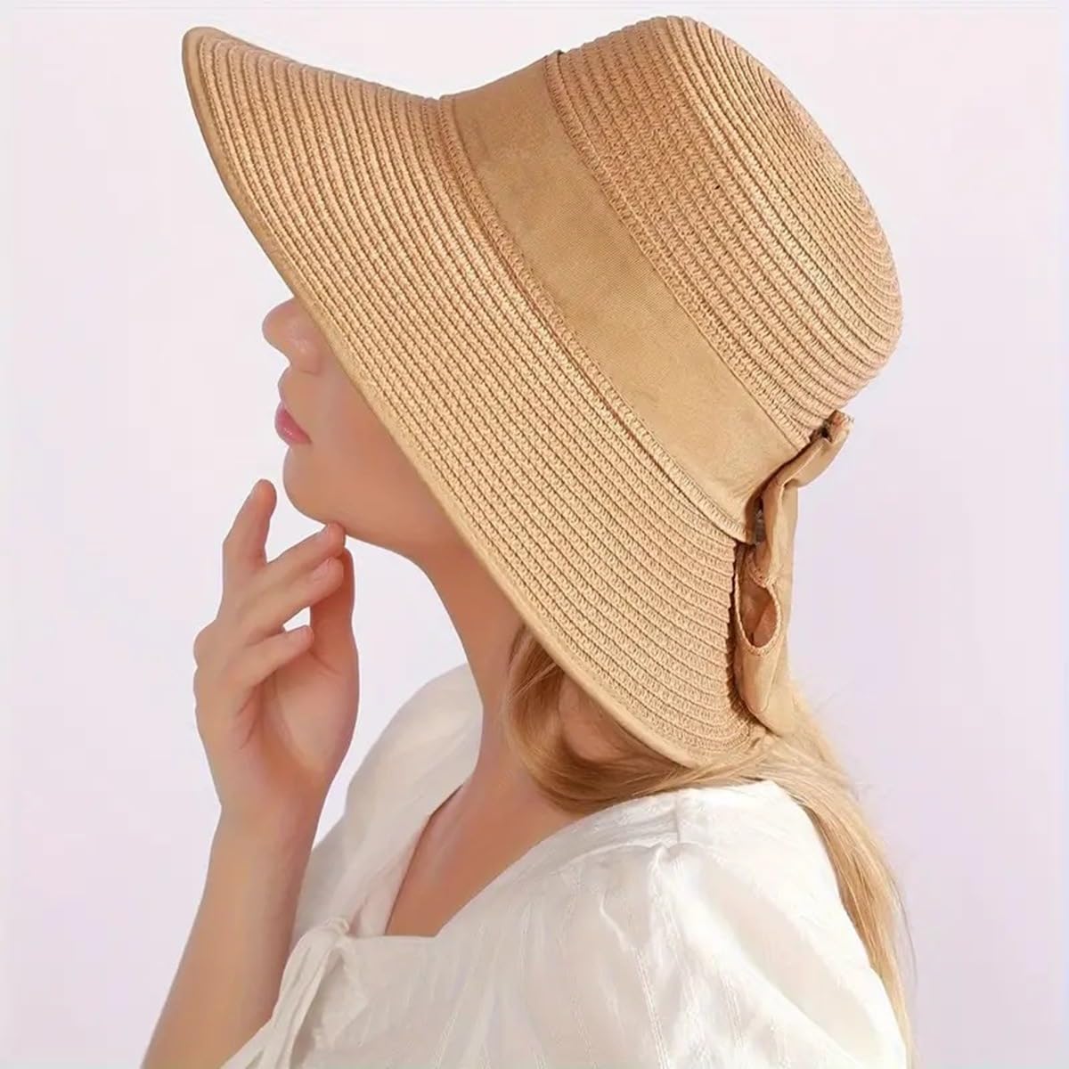 Womens Travel Foldable Beachwear Sun Hat Straw Hat UPF 50+ Floppy Garden Hat Lightweight Packable Beach Sun Hat Wide Brim Cap with Big Bowknot Khaki
