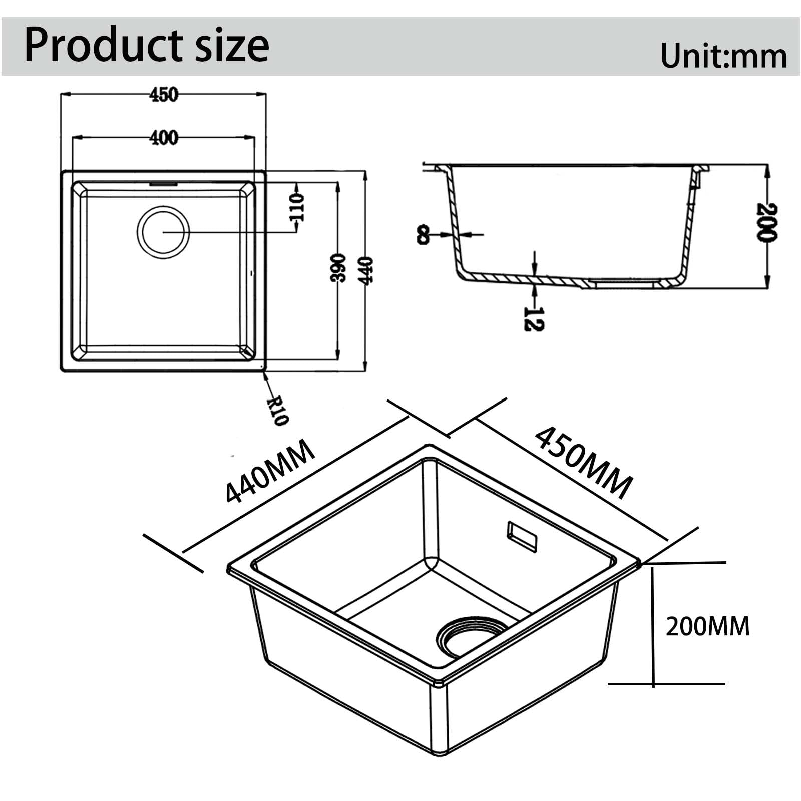 Lavello da Cucina 45 x 45 cm, Lavandino Cucina in Granito, iAnomla Nero Vasca Singola da incasso adatto per mobili sottolavello da 45 cm di larghezza, Lavabo Cucina Nero con Sifone, Moderno