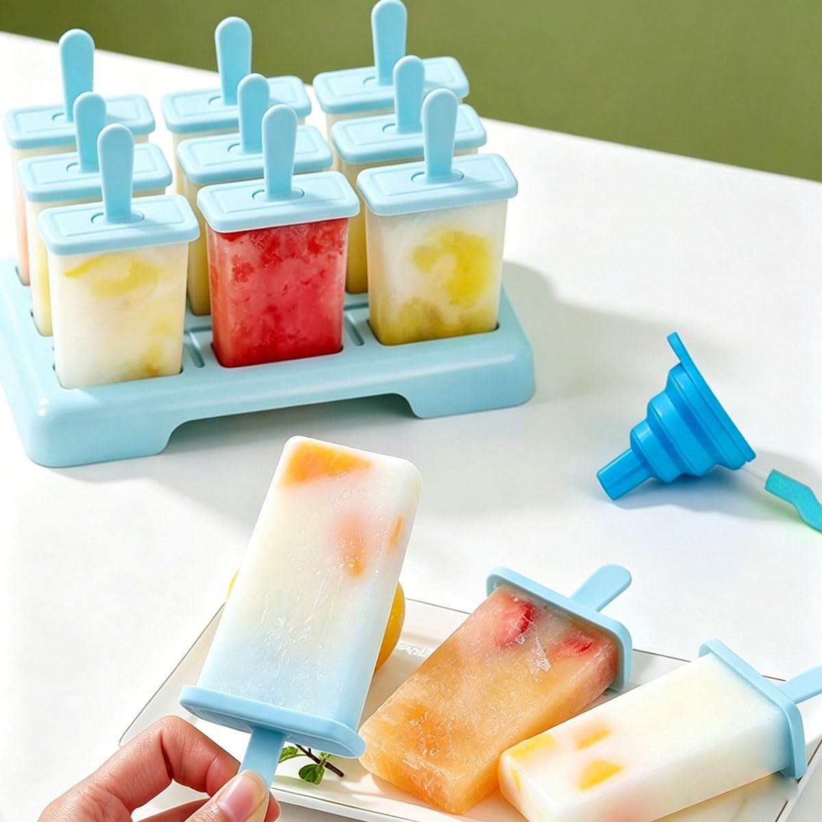 9 Cavidades Moldes Para Helados Con Palo, Moldes Helados, DIY Molde Helado, con Cepillo De Limpieza Y Un Embudo (Azul)