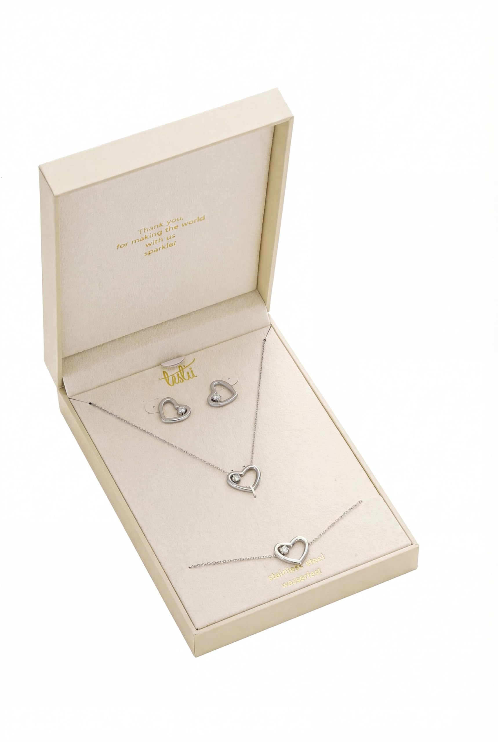 Schmuckset mit Herz Motiv, Ohrringe, Armband und Halskette, Verpackt in Box Edelstahl wasserfest
