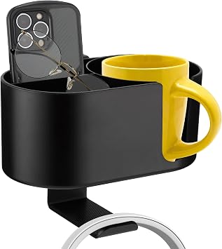 2-in-1 Desk Cup Holder Clamp with Headphone Hanger, Clip On Desk Organizer for Drinks and Headsets, No Drill Install ABS Caddy, Fits Cups Under 3.54 in for Gaming or Office Desks