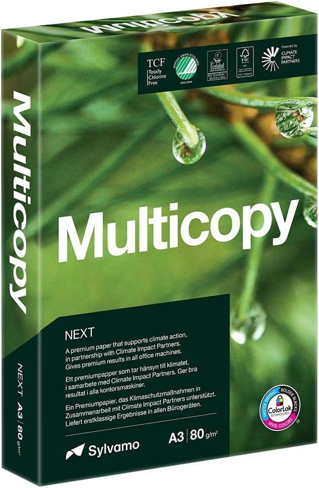 Multicopy Next A3 Printer Paper, 500 Sheets, 80gsm Ream, ColorLok Technology, Carbon Neutral, Multiple Eco‑Certificatons, for Inkjet & Laser Printing