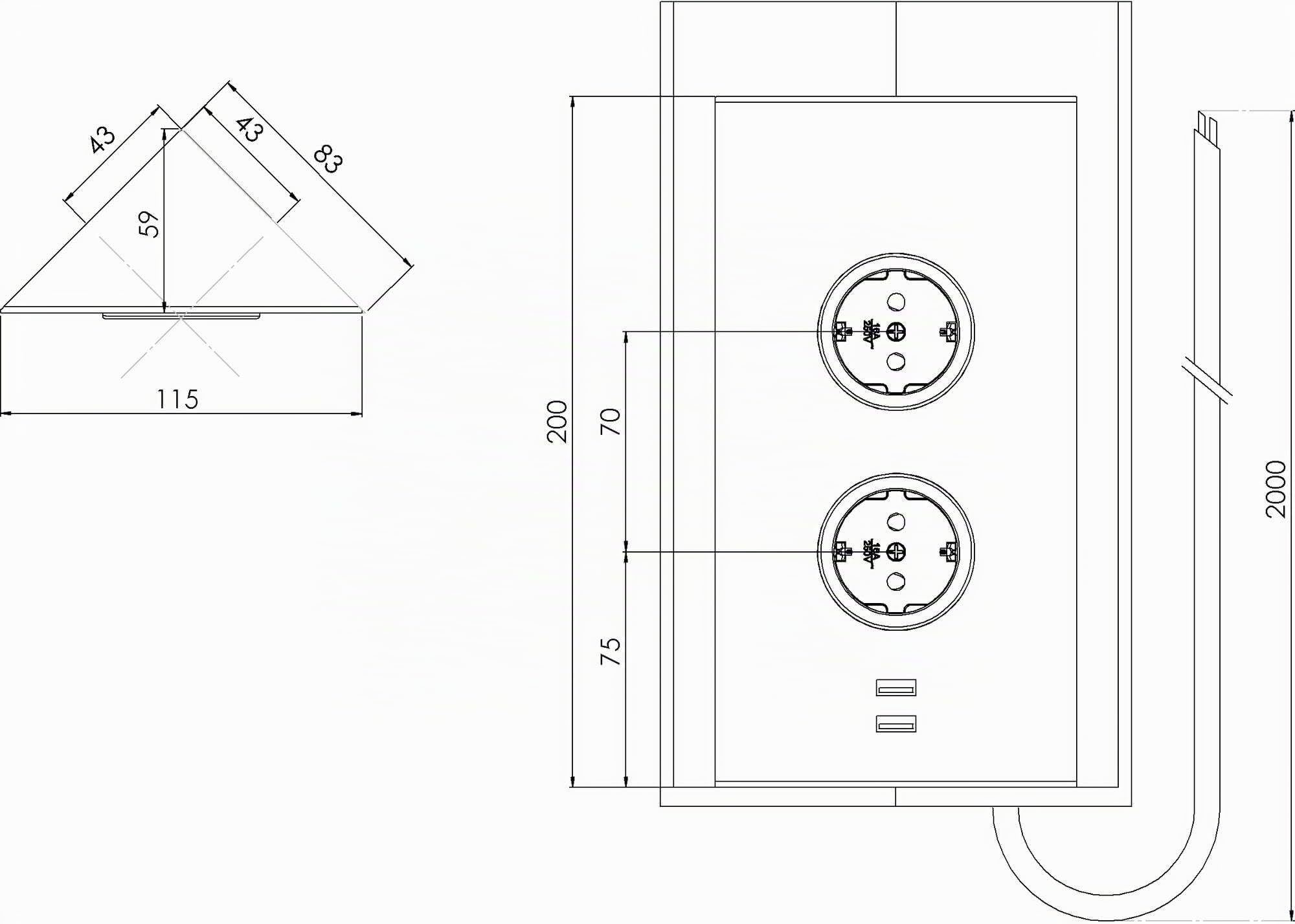 Ecksteckdose 2ST220 - Steckdose 2fach mit 2x USB für die vertikale Montage in einer Ecke, Edelstahl schwarz, 230V