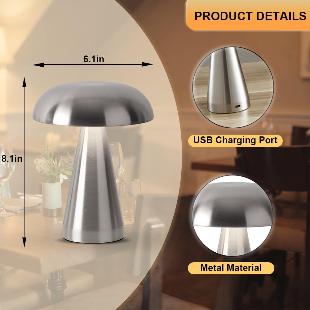 Portable LED Desk Lamp, Cordless Metal Table Lamp, 3-Color Touch Control Rechargeable Light, 3-Levels Brightness Room Decor, Bedside & Dining Room Light (Sliver)