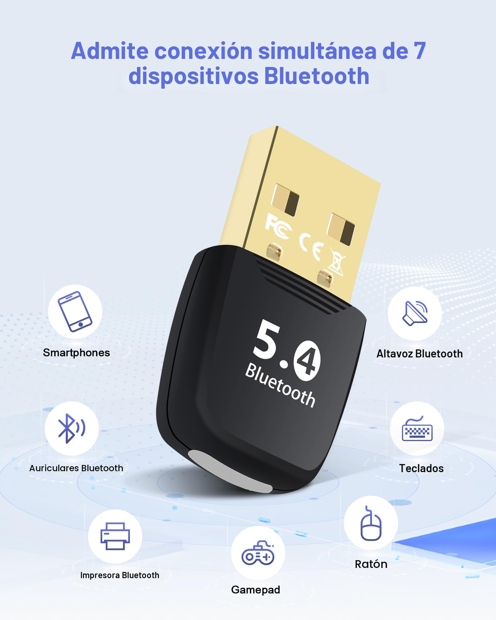 Adaptador Bluetooth PC, Dongle USB 5.4, Memoria Bluetooth, Baja Latencia, Plug & Play, para Windows 7/10/8.1/11, Escritorio, Portátil, Auriculares, Teclado, Ratón