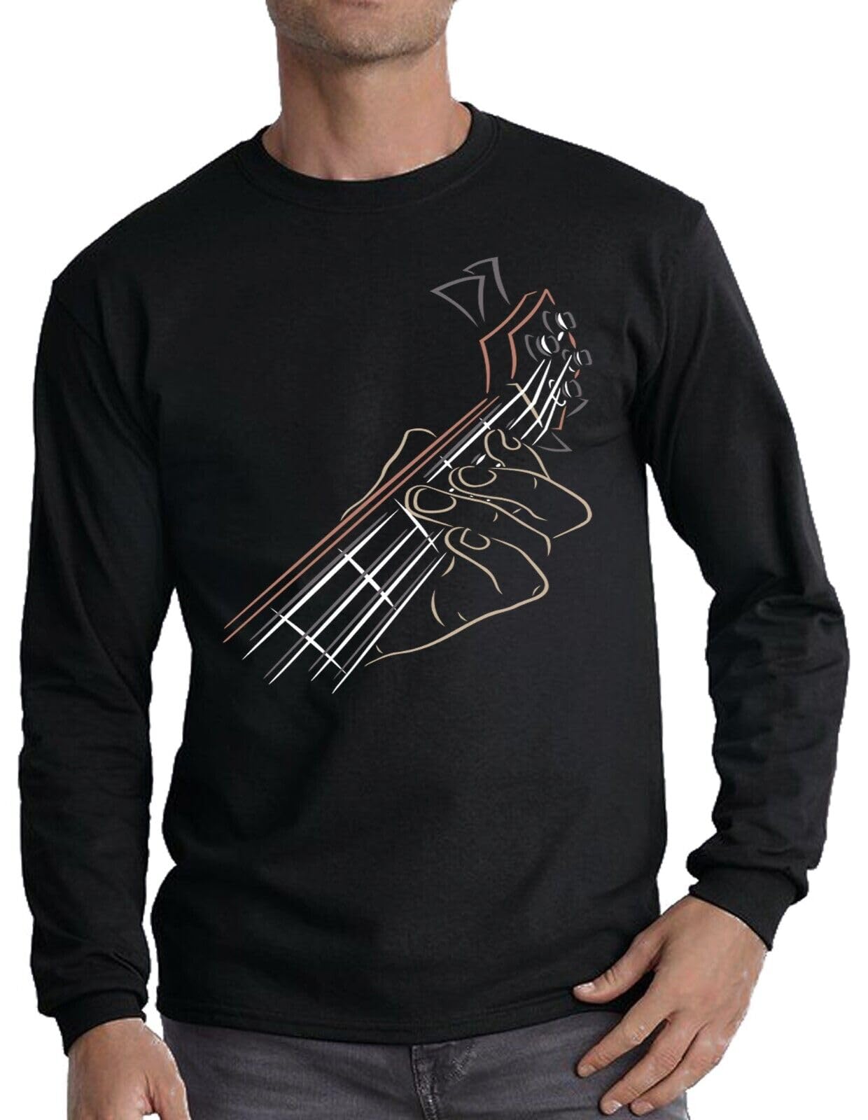 Guitar Hands Mens Long Sleeve T-Shirt Music Metal Goth Punk Skeleton Skull (Black, 4XL)