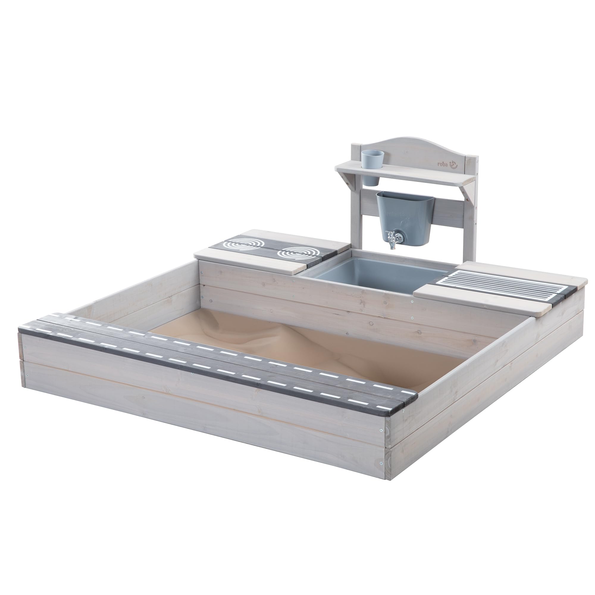 roba Sabbiera per Bambini - Certificata FSC con Cucina da Esterno - Resistente alle Intemperie - dai 12 Mesi - per Giardino, Terrazza, Balcone - Legno Massiccio - Grigio Smaltato