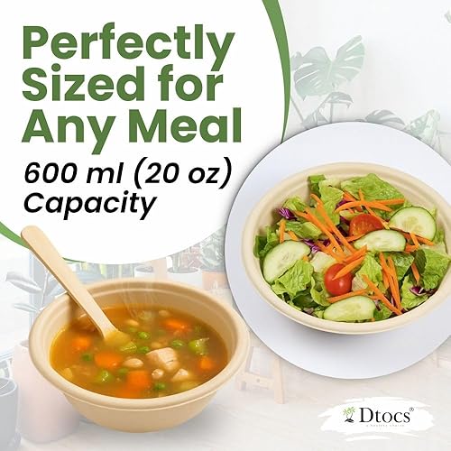 Miniatura 5 de Dtocs Cuencos desechables de fibra de bambú – 20 oz, 50 paquetes | Cuenco redondo de bambú | Cuenco de bagazo apto para microondas para sopa,