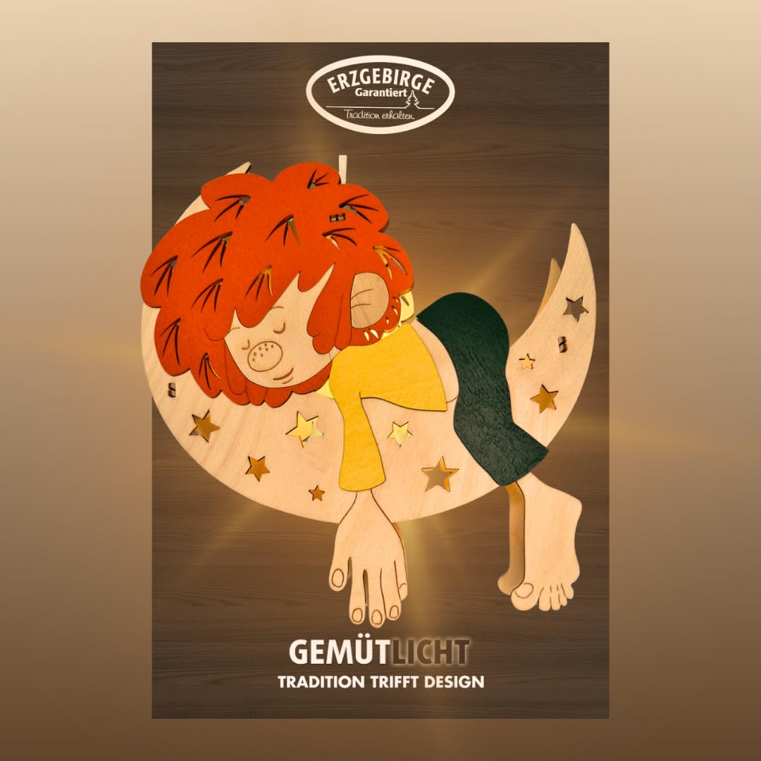 weigla - Fensterbild original Erzgebirge I Motiv Pumuckl im Mond I Weihnachtsdeko I 1 Lampe I 7 W, E14 I Weihnachtsbeleuchtung I Fensterdeko hängend