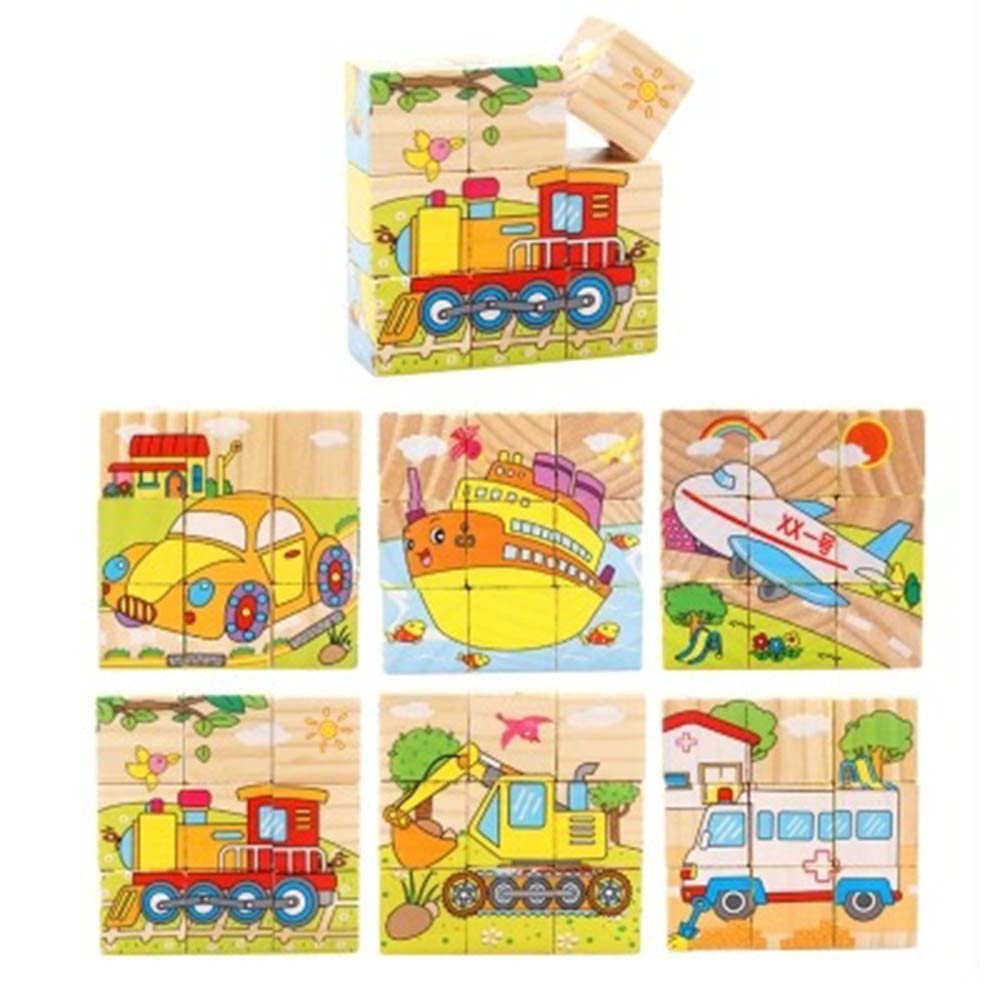 WOODEN PUZZLE Children Wooden 9 Blocks Six Sides Building Blocks Dimensional Puzzle,Cube Puzzle for Kids,6 in 1 Kids Early Education Wooden 3D Cube Puzzle Learning