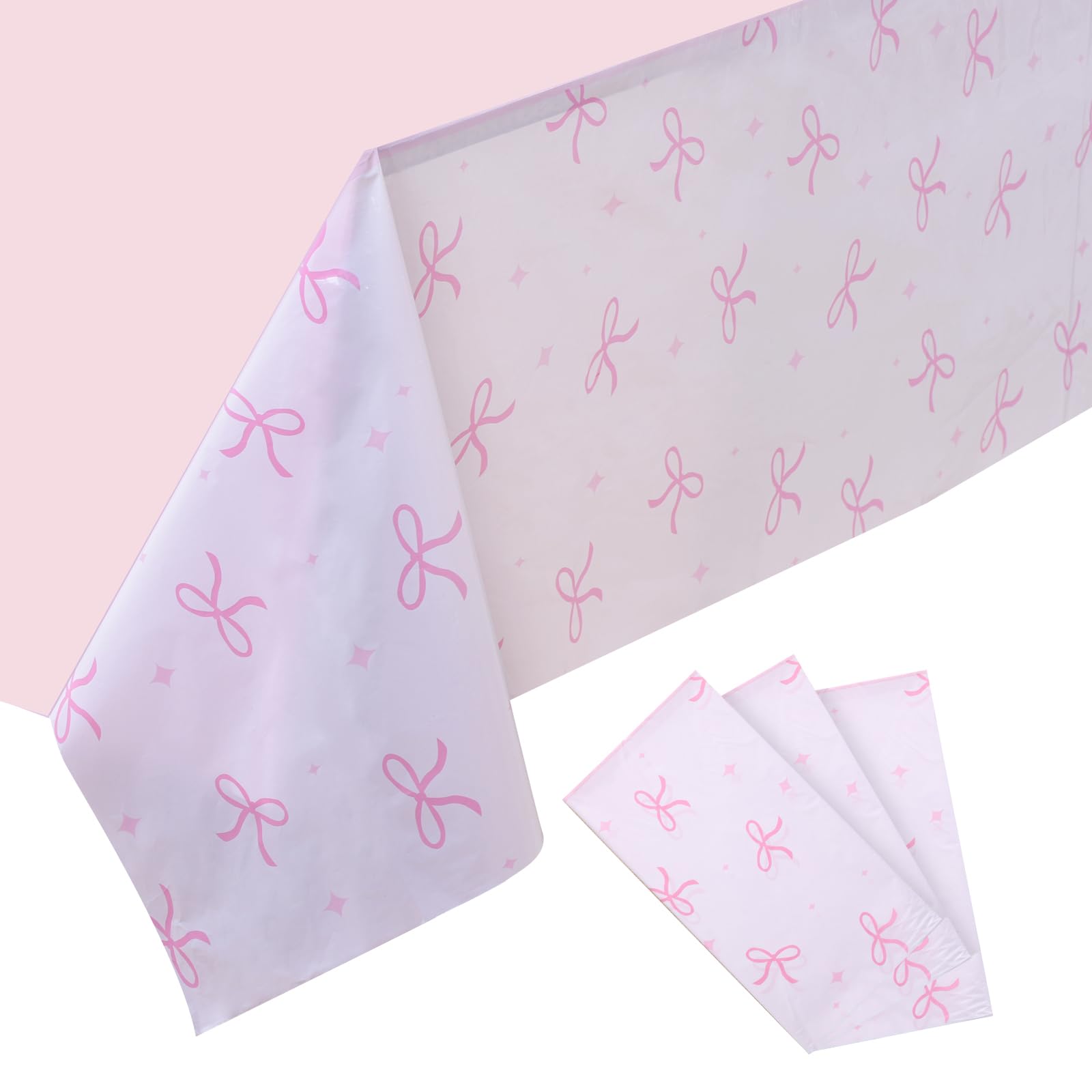 3PC Pink Bow Tablecloth, Bow Party Supplies Decorations, Rectangle Disposable Tablecover 54×108in White Pink for Bow Theme Birthday Party Bachelorette