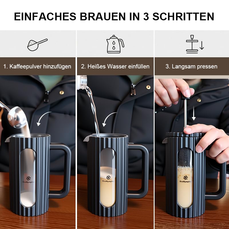 EcoNymphal French Press 350ml (3 Tassen) - Kaffeepresse aus heißfestem Glas mit Edelstahlfilter - Für Kaffee & Cold Brew - Spülmaschinengeeignet, BPA-Frei 2