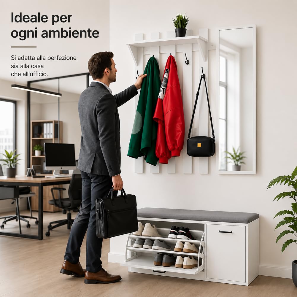 Shally Dogan Set Ingresso con Scarpiera, Appendiabiti e Specchio, Attaccapanni con 5 Ganci Doppi, Mobile Porta Scarpe con Anta e Maniglia Ergonomica, Arredo Salvaspazio Struttura Resistente (Bianco)