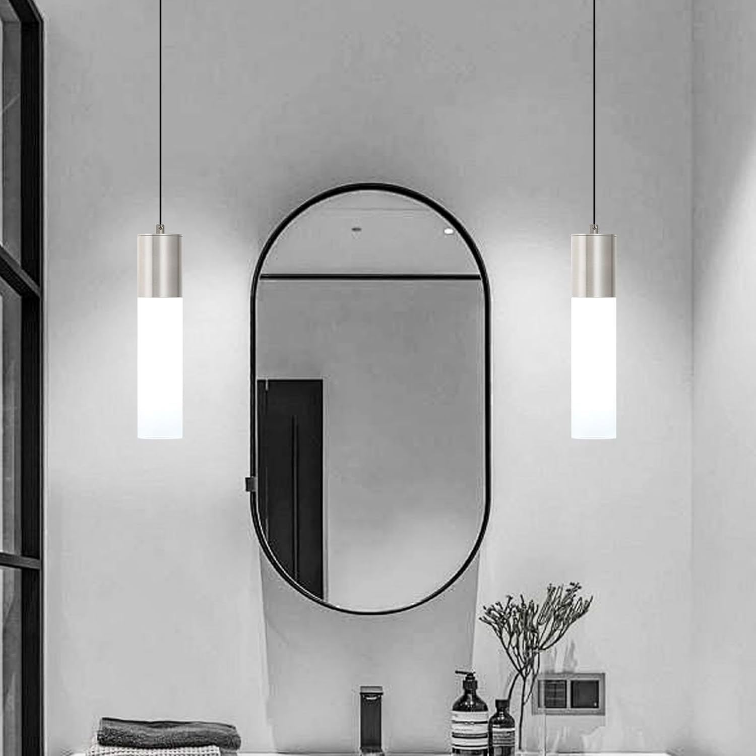 LED Kitchen Pendant Lighting Over Sink 1-Light Brushed Nickel Pendant Lights Modern Dining Table Lights Ceiling Hanging Lamp with Milky White Lampshade, Adjustable Height, 3000K-6000K