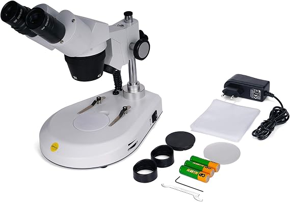 Swift S306S-20-2L Binocular Stereo Microscope, 20X/40X/80X Magnification, 360 Rotatable Forward-Mounted Head, Wide-Field 10X/20X Eyepieces, Upper & Lower LED Lights, Reversible Stage Plate