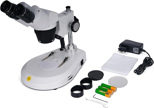 Swift S306S-20-2L Binocular Stereo Microscope, 20X/40X/80X Magnification, 360 Rotatable Forward-Mounted Head, Wide-Field 10X/20X Eyepieces, Upper & Lower LED Lights, Reversible Stage Plate