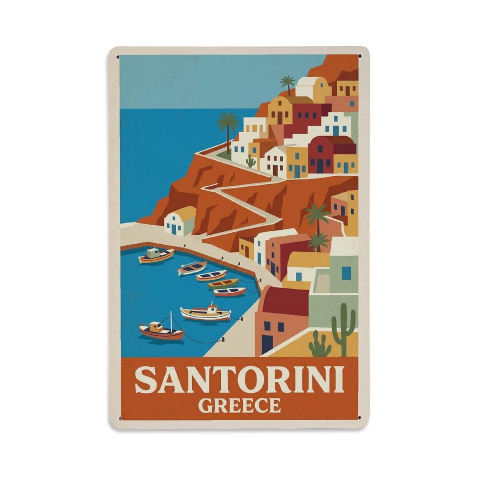 Fyrn Style Metal Tin Sign Vintage Travel Santorini Greece Harbor