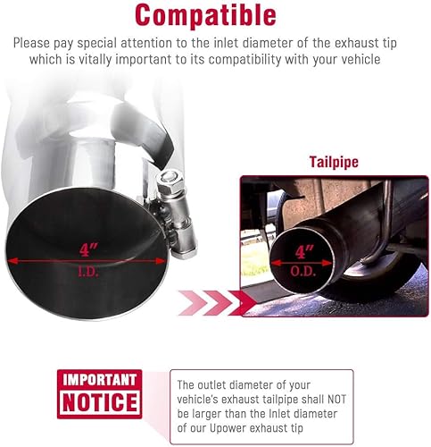 Miniatura 2 de Upower Punta de escape diésel que gira hacia abajo 4 pulgadas entrada 5 "diámetro de salida 16" de largo acero inoxidable 304 perno en el tubo de