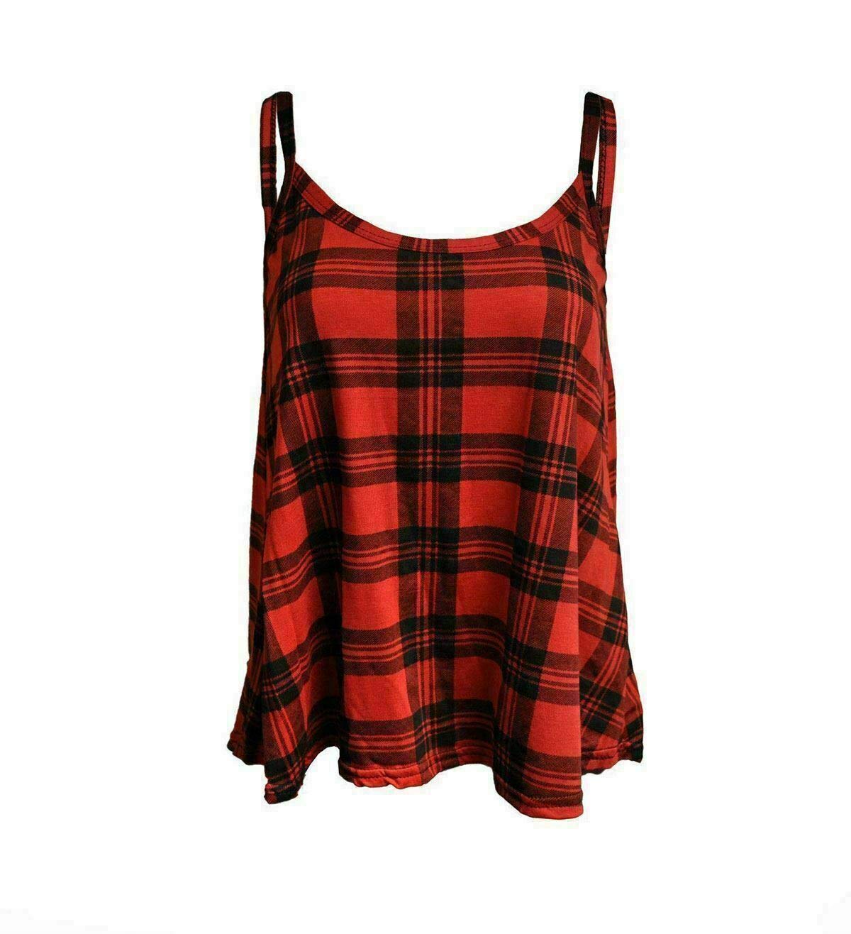 Fairy Trendz Ltd Women's Red Tartan New Plain Sleeveless Swing Strappy Camisole Cami Vest Plus Size Flared Mini Top Tees Uk 8-26 ( Uk 8-10)