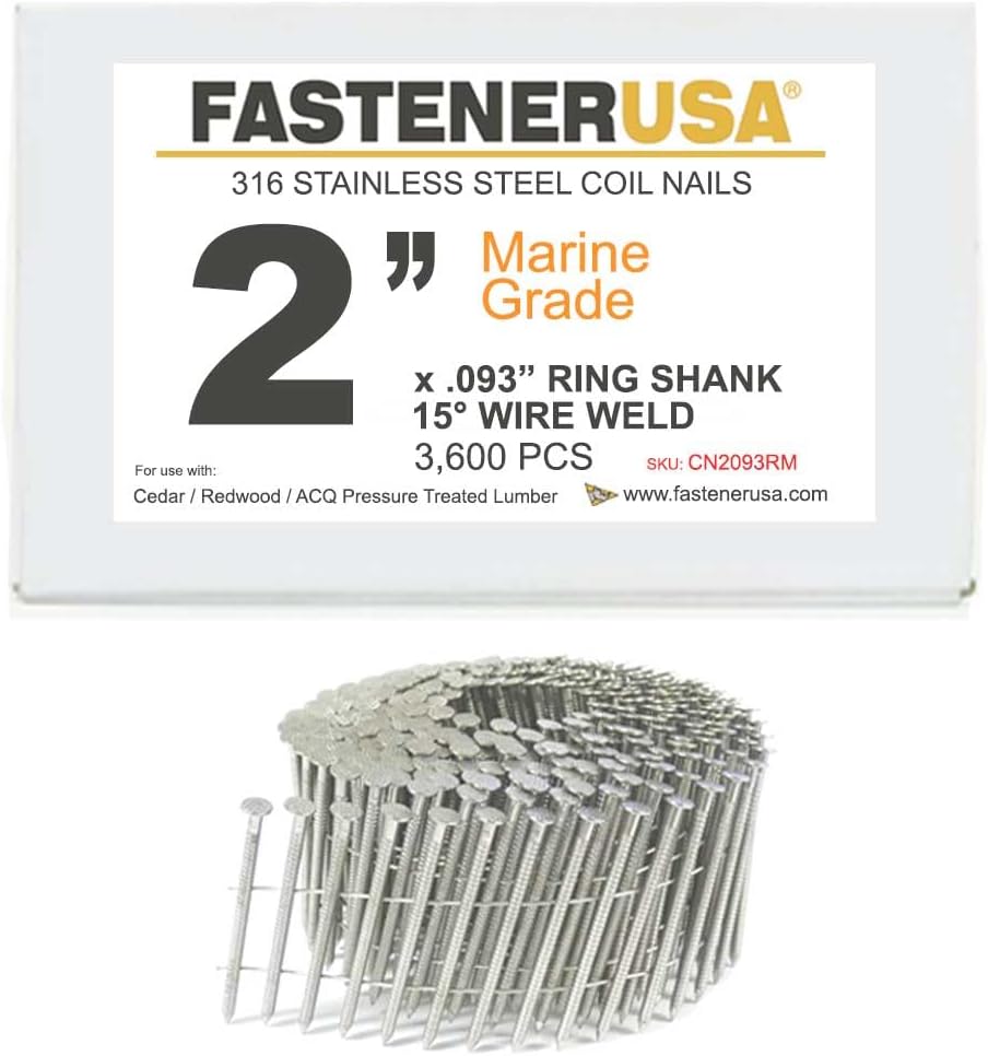 2" x .093 Ring 316SS Coil Nails 15-DEG Wire 3,600ct