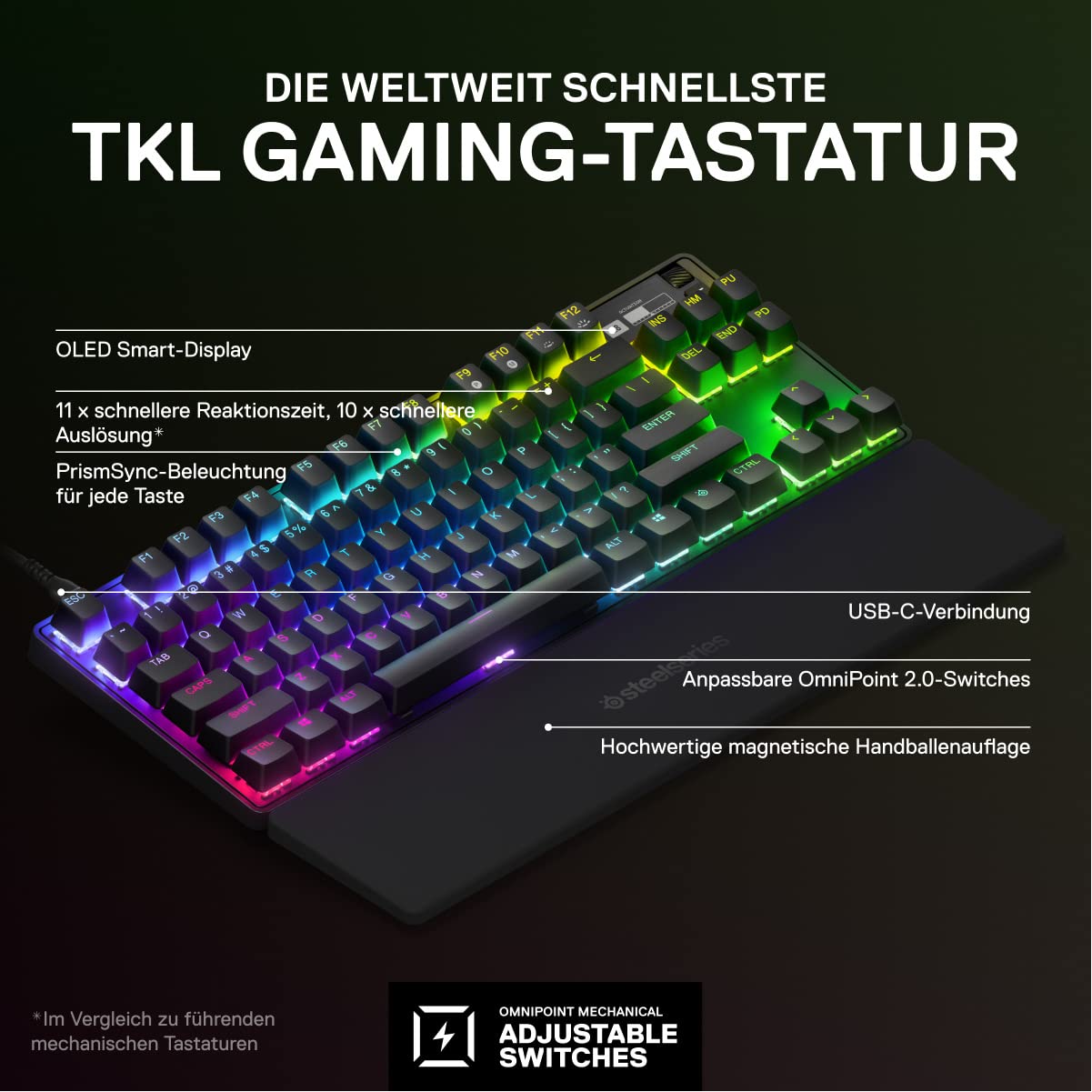 SteelSeries Apex Pro TKL HyperMagnetic Gaming-Tastatur – Die schnellste Tastatur – Anpassbares Ansprechverhalten – OLED-Bildschirm – PBT-Keycaps – USB-C – Edition – Deutsches Tastatur QWERTZ – Bild 2
