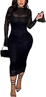 CALEBGAR Women's Lace Bodycon Midi Dress - Elegant Long Sleeve Cocktail Party Wedding Guest Formal Dress