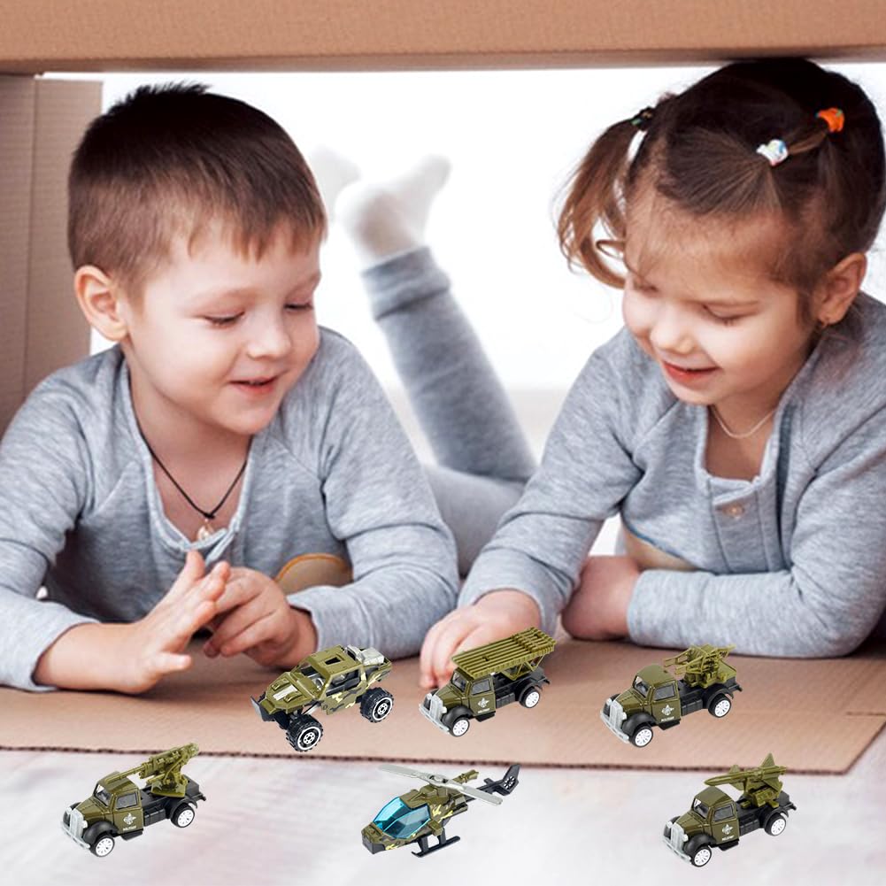 Jouet Militaire, 6PCS Militaire Jouet Voiture Miniature Véhicule Militaire Moulage sous Pression Véhicule de l'armée avec Tank Hélico Camion Militaire Jouet Voiture Modèles Cadeau pour Enfants 4 5 6 7