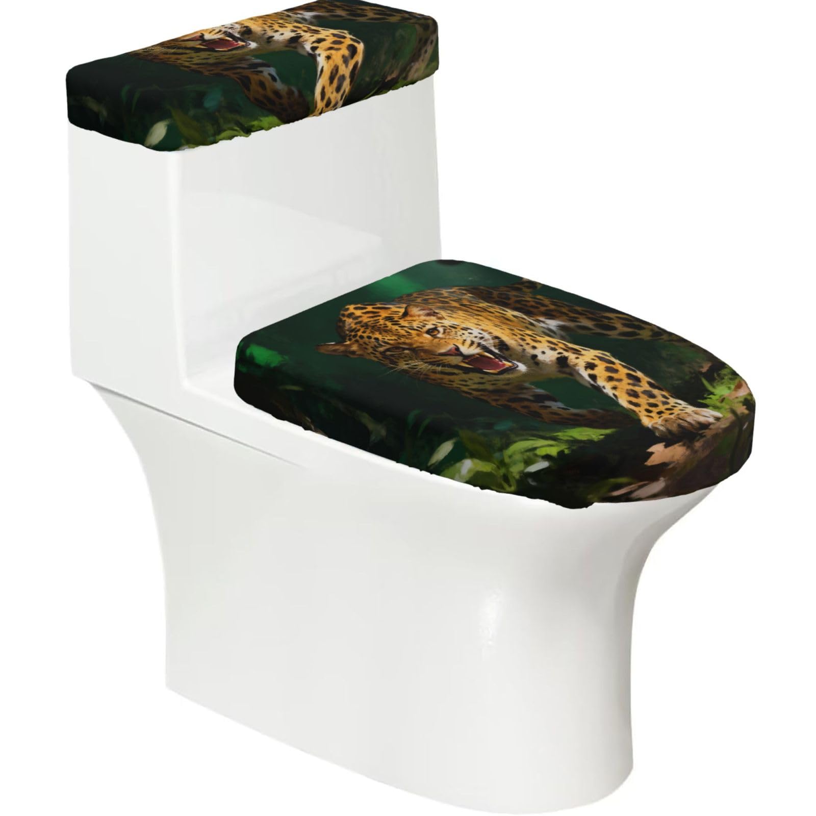 Cntdbu Black Leopard Stretchy Toilet Lid And Tank Cover Set-Soft Elastic Bathroom Decor For U Shape Oval