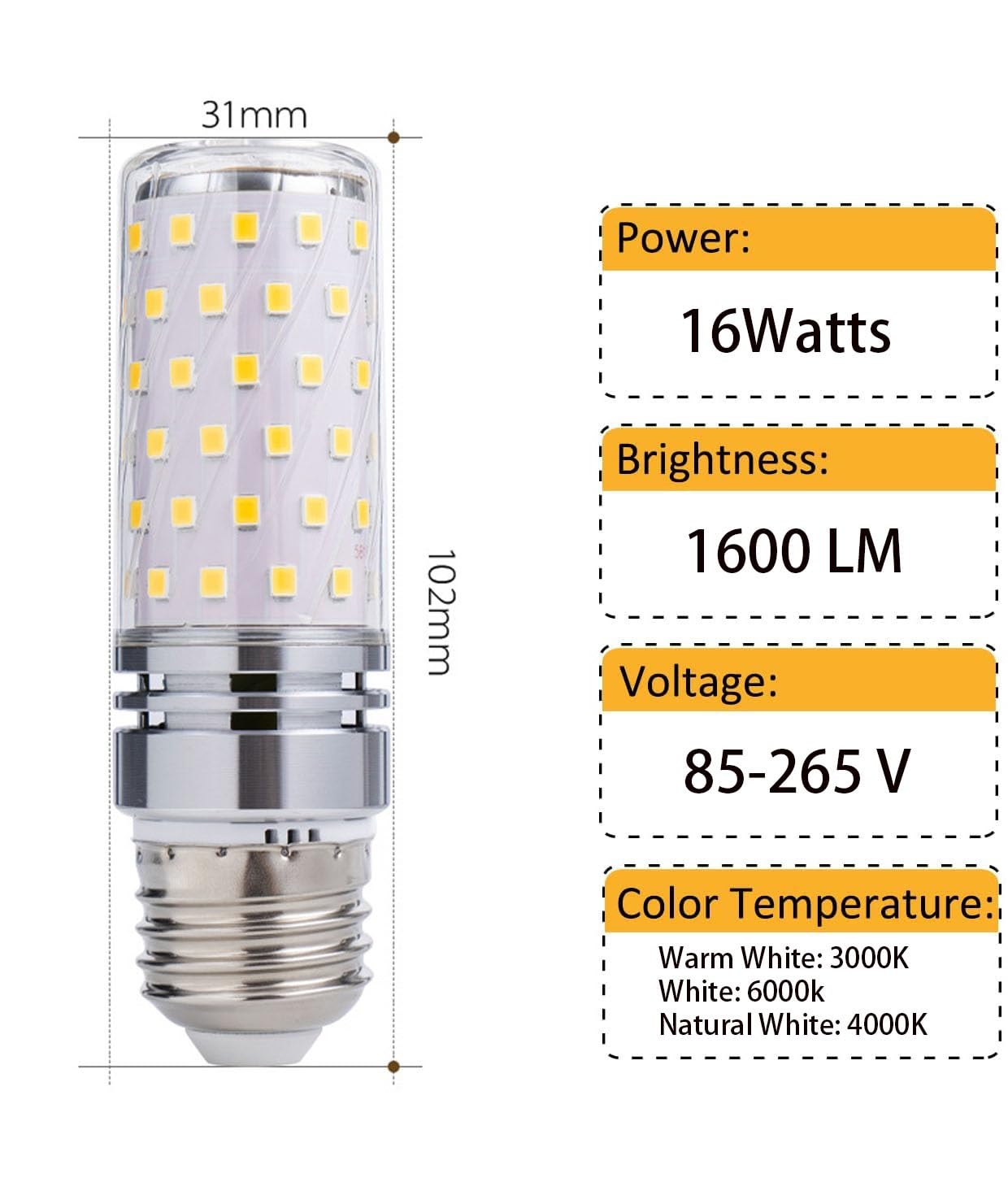 Żarówka LED, Żarówka LED E27 16 W, 85 V–265 V, 160, odpowiednik żarówki halogenowej, 1600 lm, nieściemnialna, opakowanie 4 szt