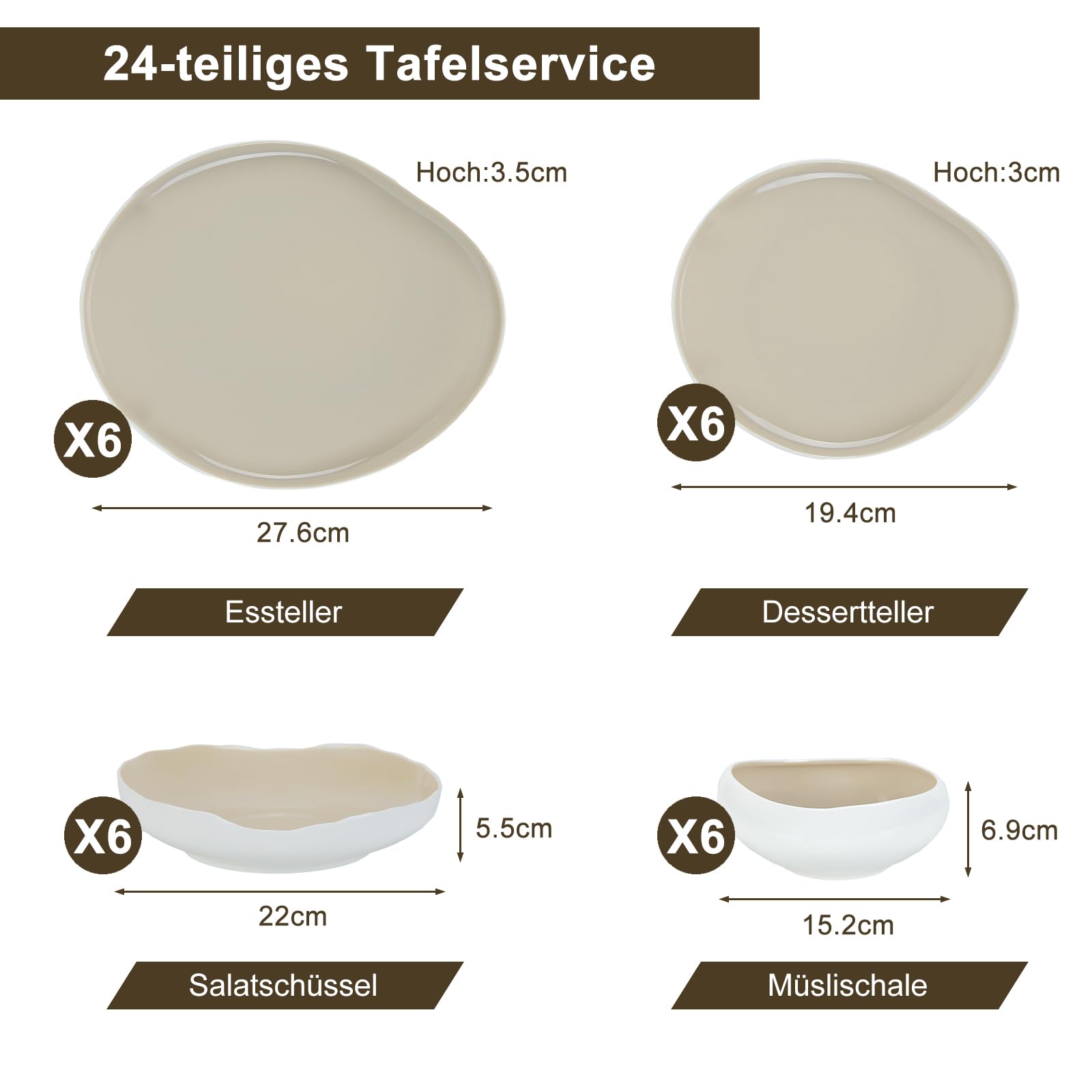 Geschirrset, Tellerset 6 Personen, 24-Teilig Tafelservice, Porzellan Geschirr Set Je Speiseteller, Dessertteller, Müslischalen, Salatschüssel, Geschirr Hellbeige | Dinner set, Tafelservice, Je 6 Speiseteller, Dessertteller, Müslischalen, Salatschüssel, Te