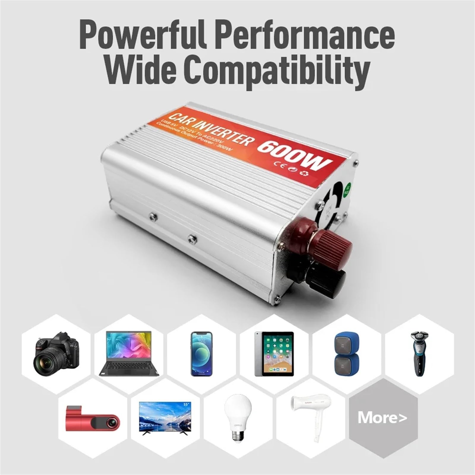 Falownik, Przetwornica napięcia samochodowego 600 W Przetwornica napięcia stałego na prąd przemienny z 5 V 2 A USB Ładowarka samochodowa z falą sinusoidalną Konwersja mocy(600W 12V)
