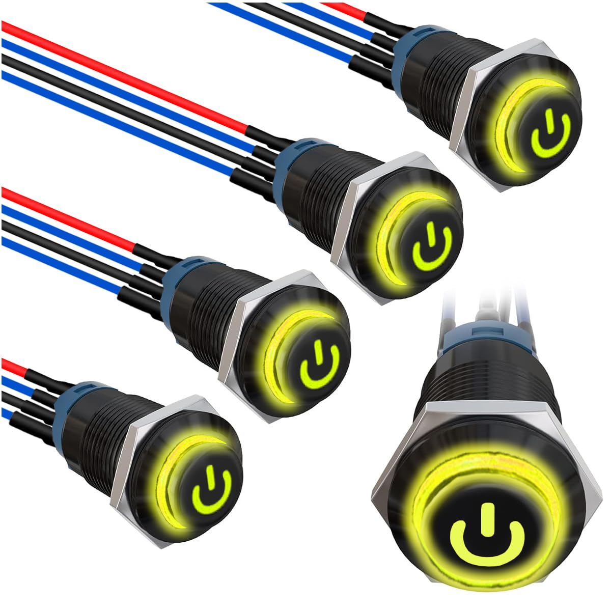 MKBKLLJY 5Pcs 12mm Momentary Yellow LED Push Button Switch Black Shell with Power Mark Logo IP65 Waterproof Push Button Switch SPST 2 Position ON Off