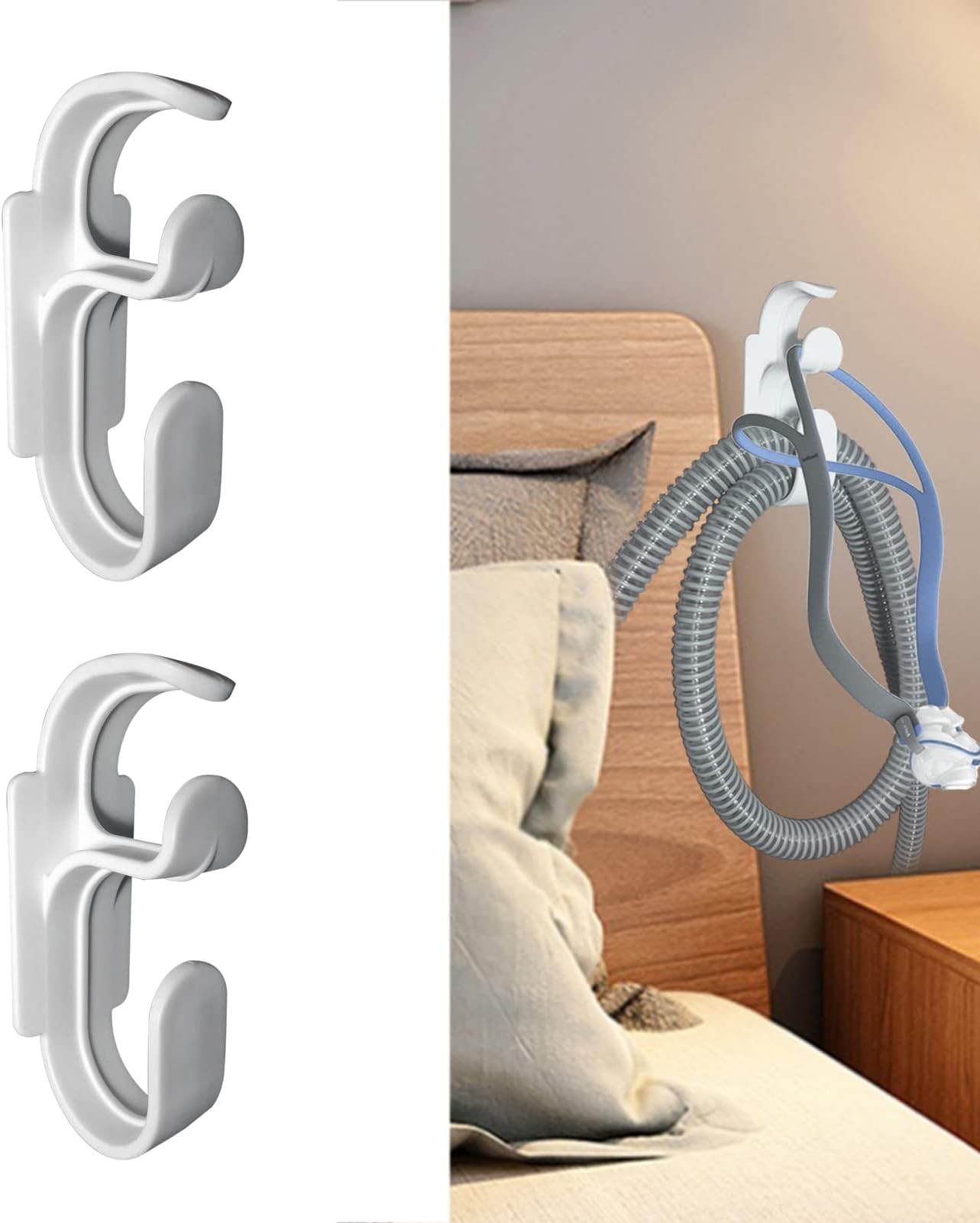 CPAP Hose Hanger with Anti-Unhook Feature - Damage-Free Hanging CPAP Mask Hook and CPAP Hose Holder ( Damage-Free Adhesive Strip)Avoids CPAP Hose Tangle and Allows You to Sleep Better (2 PCS)