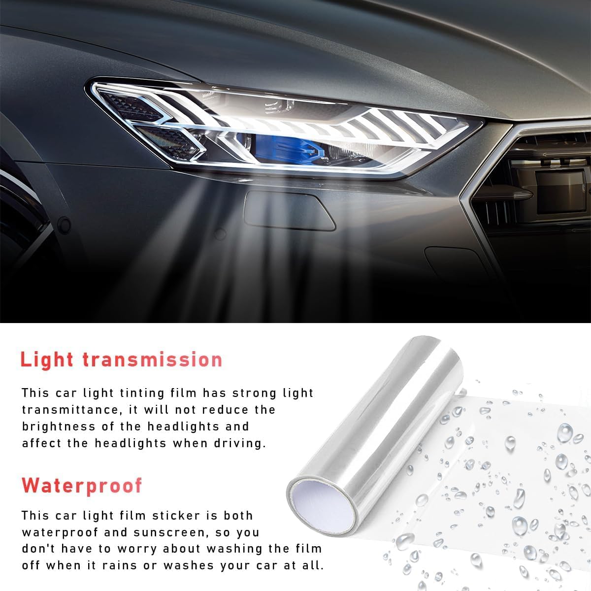 KOMAS 12” X 48” Tint Vinyl Film Sticker Sheet Roll for Car Headlight, Tail Lights, Fog Lights with Squeegee + Cutter (Glossy Clear) image 3