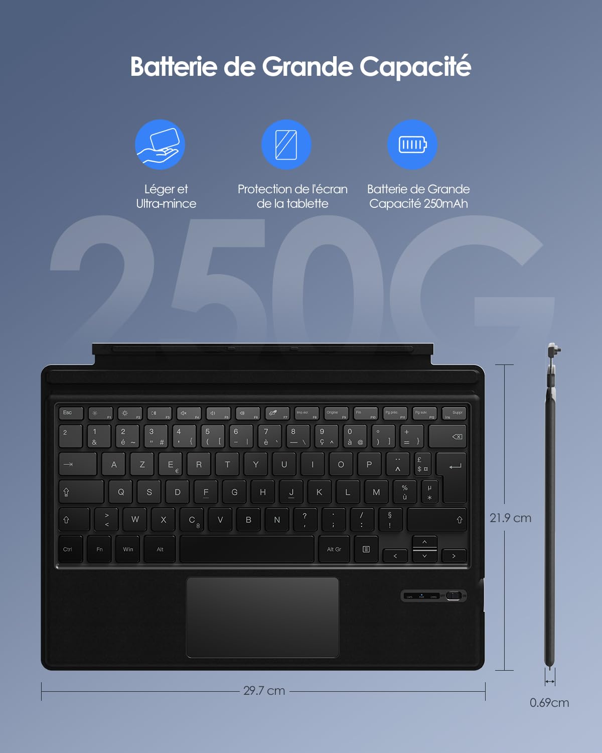 Clavier Français pour Microsoft Surface Pro 7 Plus/7/6/5/4/3, AZERTY sans Fil Bluetooth, Type Cover avec Pavé Tactile et Batterie Rechargeable-Noir