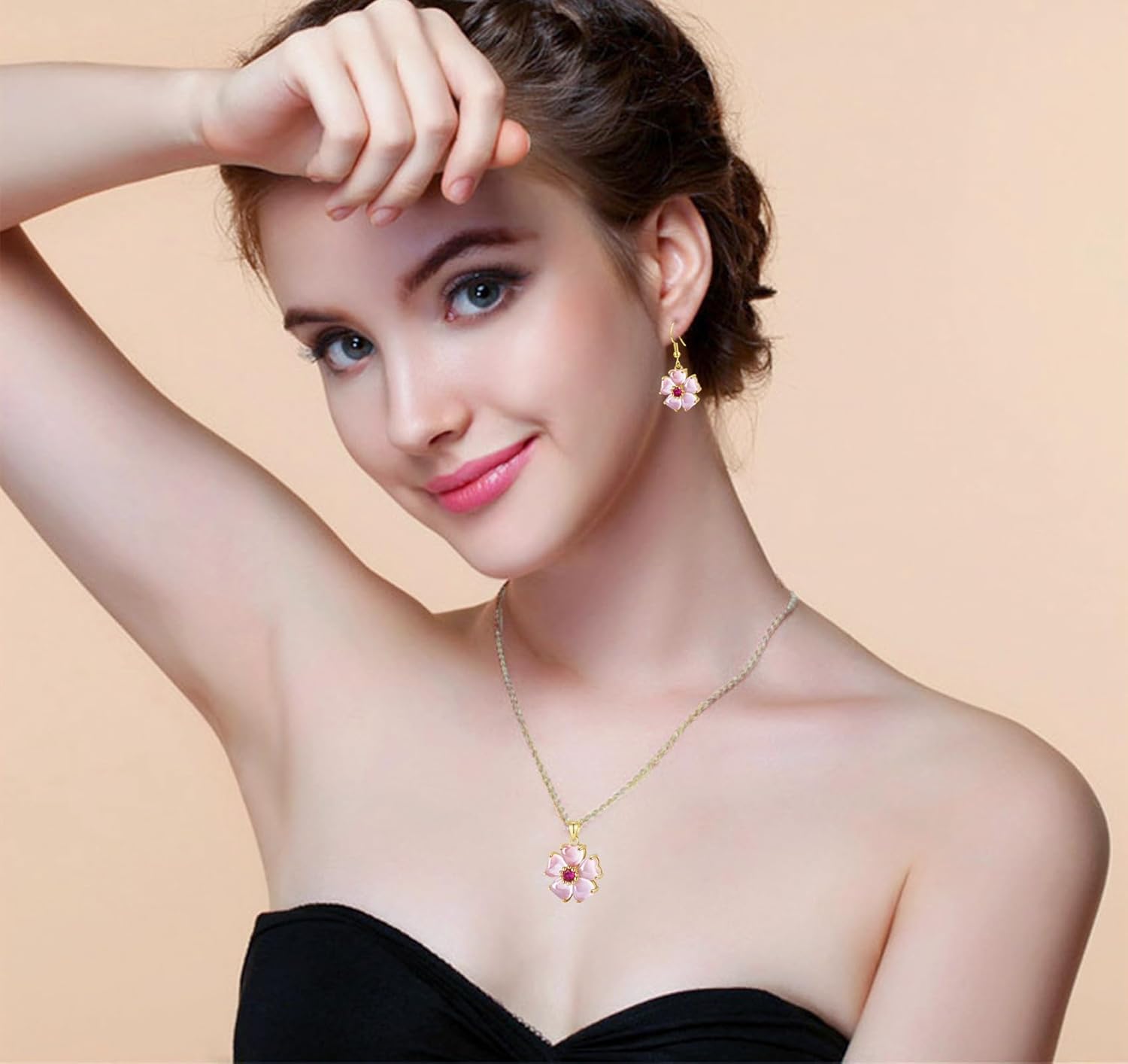 VONSSY Elegant Cherry Blossom Necklace Earrings Pink Cats Eye Flower Flora Sakura Gemstone Crystal Pendant 18k Gold Plated Chain Jewelry Set Gift for Woman Wife Girlfriend
