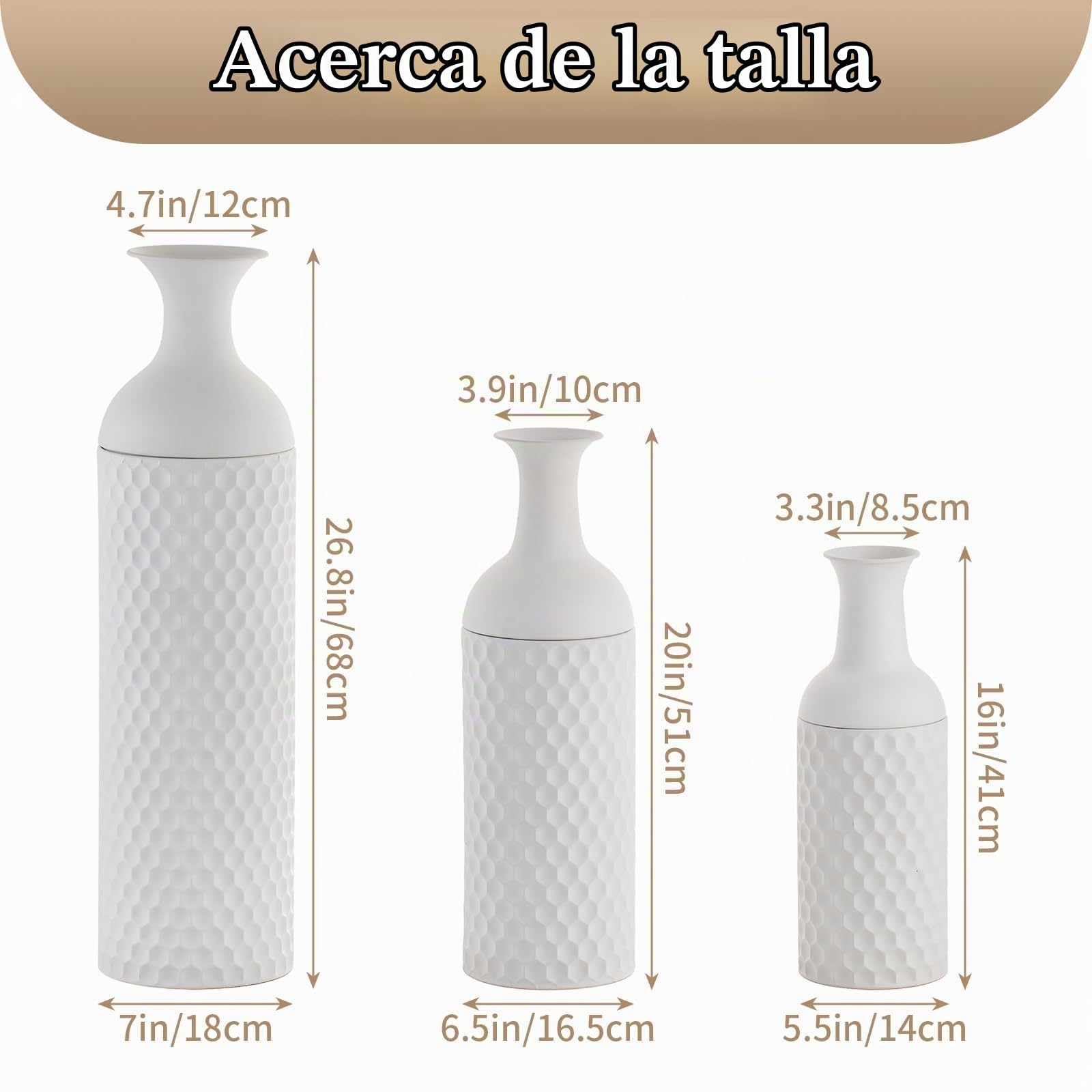 Sziqiqi Jarrón de Suelo Grande Blanco: 68/51/41 cm Alto Jarrones de Metal Juego de 3 Jarrones de Suelo para Pampas Jarrón Grande de Suelo Moderno para Sala Esquina Pasillo Oficina