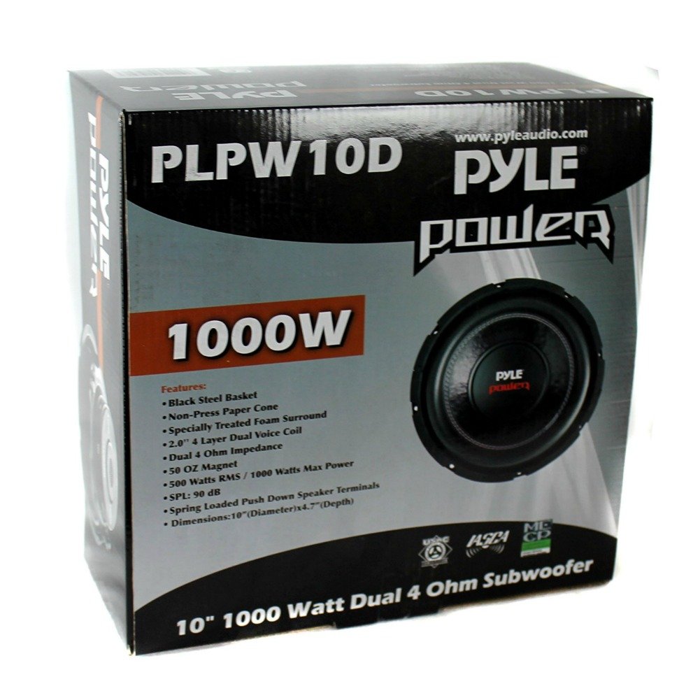 Pyle 1 SUBWOOFER PLPW10D PLPW 10D 25,00 cm 250 mm 10" da 500 Watt rms 1000 Watt Max Doppia Bobina 4 + 4 Ohm dvc Dual Voice Coil per Cofano Bagagliaio Auto, 1 Pezzo