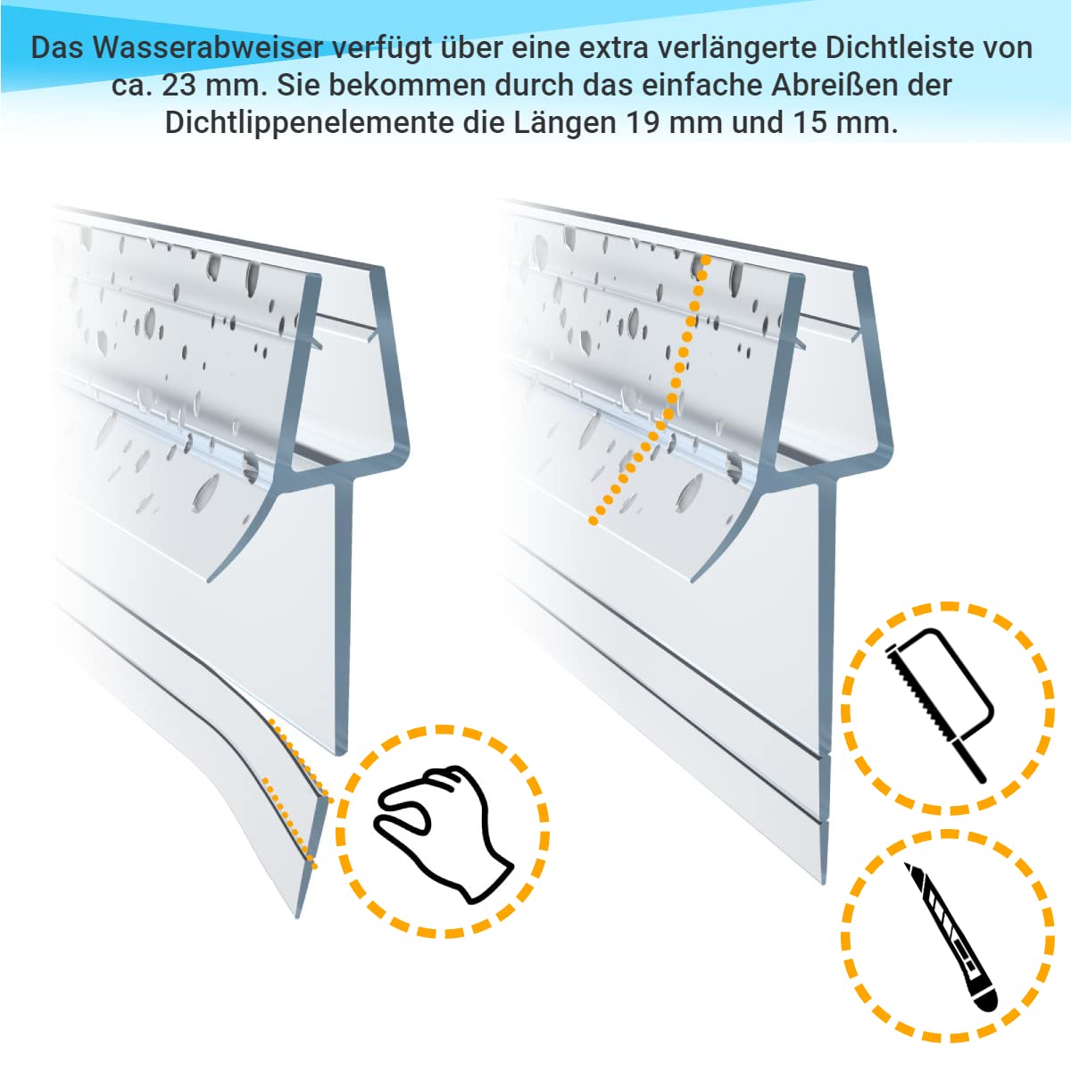 WITEN&NOCK Duschdichtung 2x 200cm für 5mm 6mm mit extra verlängerter Lippe Duschtürdichtung Dichtung für die Glastür gerade Glastür Stärken Ersatzdichtung Wasserabweisende oder Duschkabinen-Dichtung