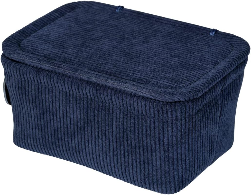 WENKO Anela bathroom basket with lid, storage basket in corduroy with imitation leather handle for organising and storing bathroom utensils and accessories, 100% polyester, 19 x 10 x 14 cm, dark blue