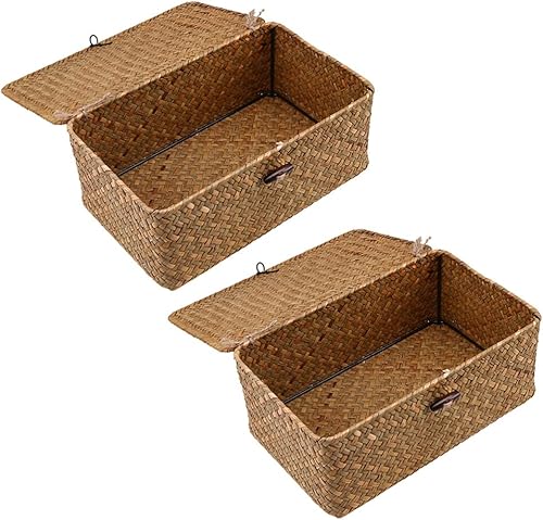 Miniatura 9 de YARNOW 2 cestas de almacenamiento de hierba marina con tapas, cestas rectangulares de ratán tejidas de mimbre, cesta de picnic de madera, contenedor