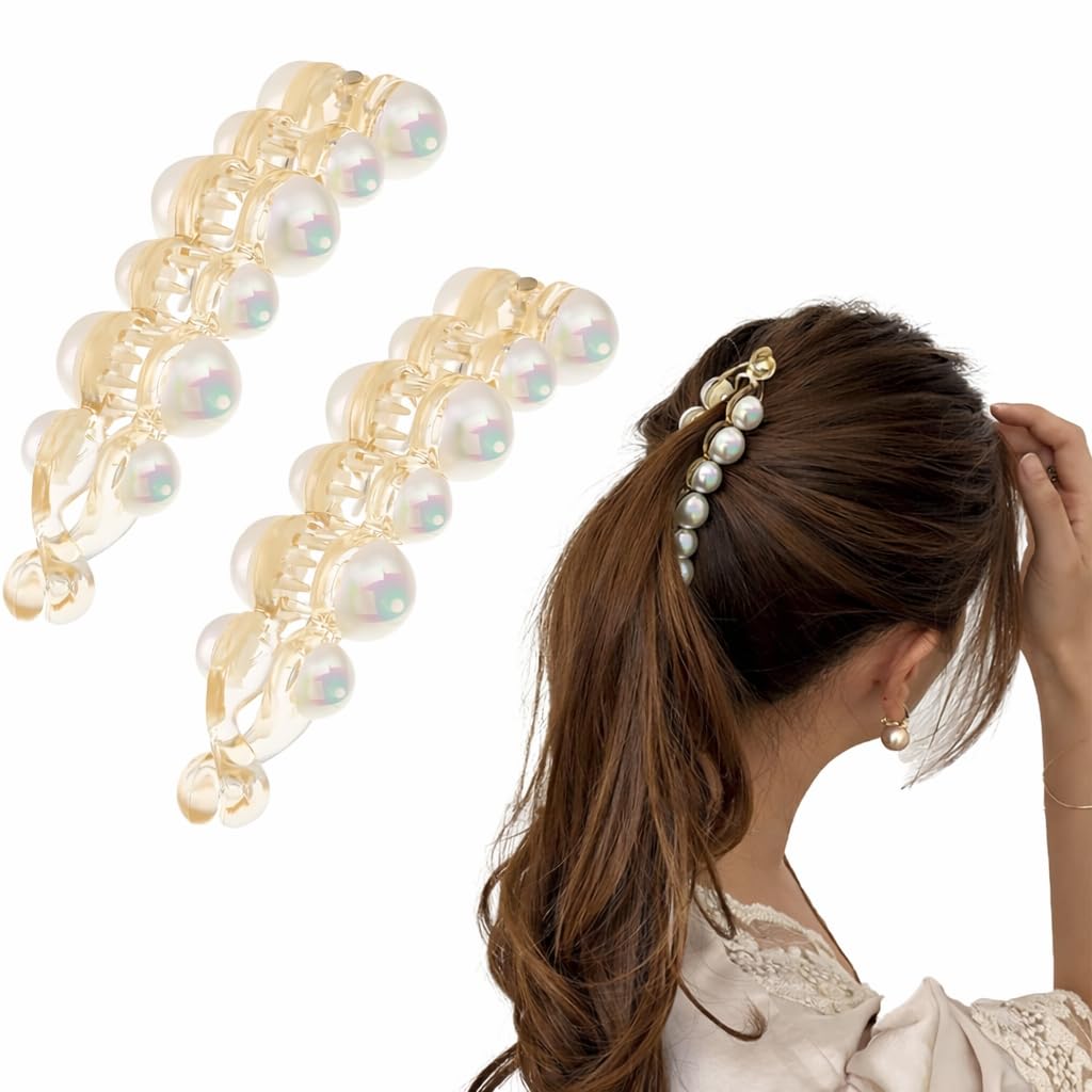 Diversa Banana Clips Hair 2 Pcs Clips for Thin Hair Women Non Slip Banana Clip Strong Hold Ponytail Clip Fine Hair Accessories for Women (Pearl)