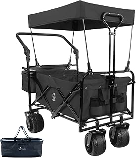 Collapsible Wagon Heavy Duty Folding Wagon Cart with Removable Canopy, 4" Wide Large All Terrain Wheels, Brake, Adjustable Handles,Cooler Bag Utility Carts for Outdoor Garden Beach
