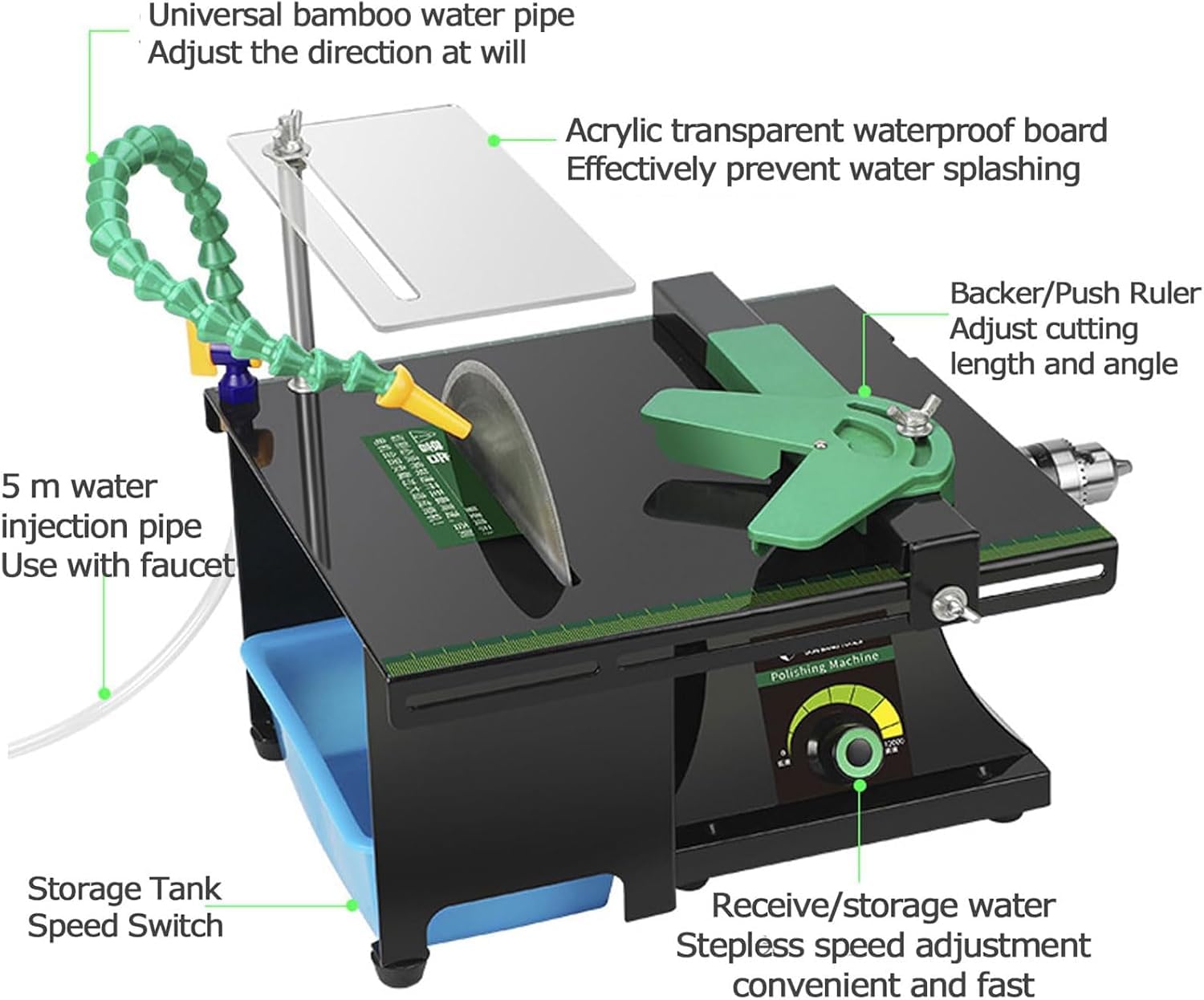 Máquina cortadora de Jade de 1850 W, Velocidad Ajustable de 800 a 12000 RPM, Profundidad de 50 mm, Incluye Manguera de Agua Universal de 500 mm para Grabar y pulir Joyas, Metales y Madera.
