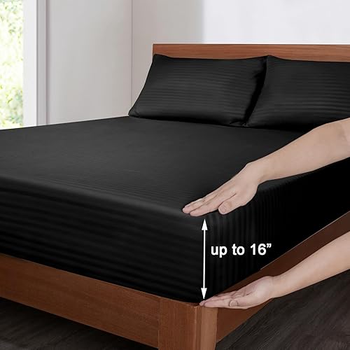 Miniatura 3 de Mejoroom Juego de sábanas a rayas tamaño Queen, sábanas y fundas de almohada de 1800 hilos de lujo para hoteles, sábana bajera con bolsillos