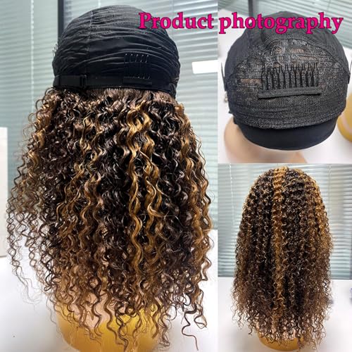 Image of Headband Wig Human Hair 22 Inch Highlight Kinky Curly Human Hair Headband Wigs 150% Density Glueless None Lace Front Wig Ombre Curly Headband Wig Human Hair Brazilian Virgin Wigs for Black Women