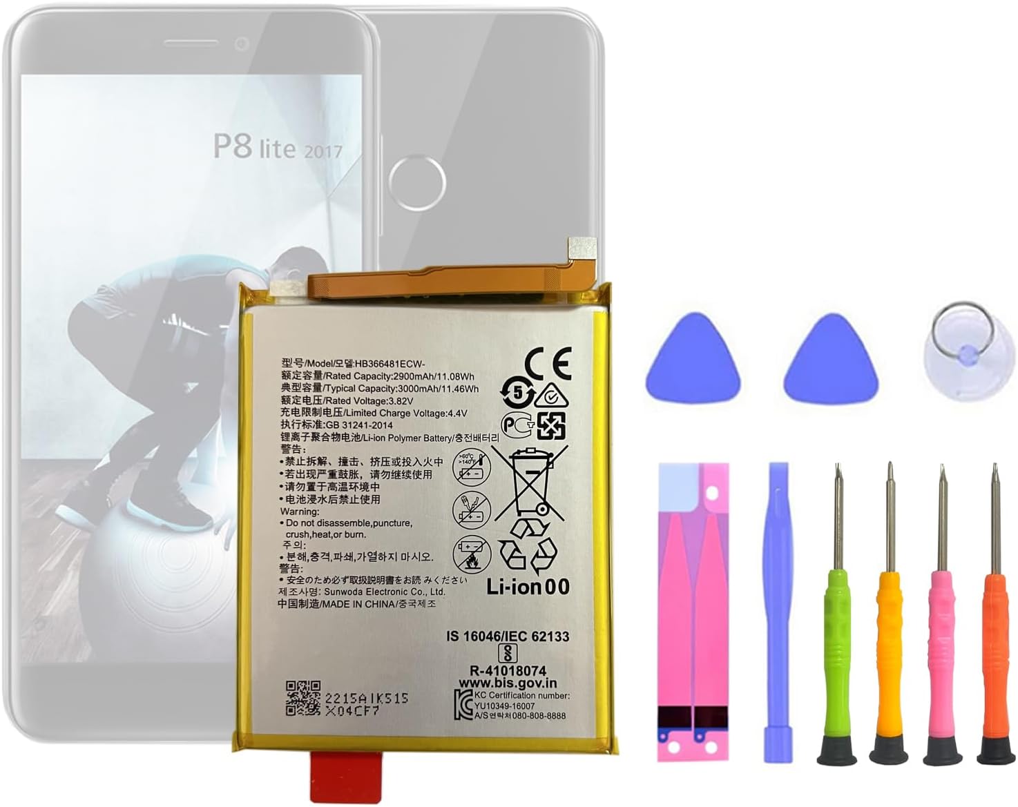 Batteria Sostitutiva Per Huawei P10 LITE, P9 LITE, P9, P8 LITE 2017 - 3000mAh HB366481ECW Con Kit Cacciaviti - Foto 3