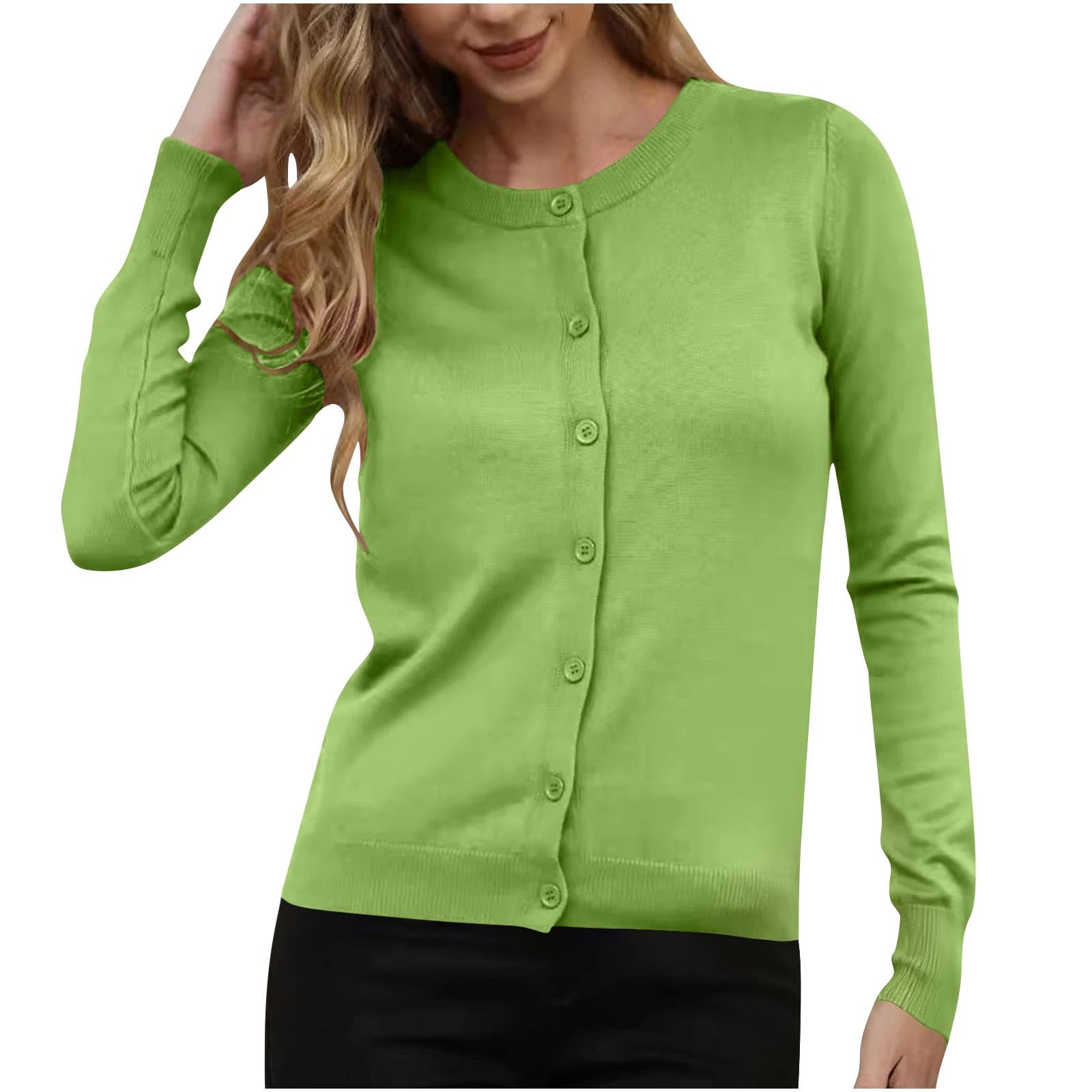 Open Front Button Up Cardigan Sweaters for Women Long Sleeve Crew Neck Knit Top Lightweight Slim Cropped Cardigan
