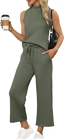 SAMPEEL Two Piece Sets for Women Summer Outfits Lounge Sets Mock Neck Tops Wide Leg Crop Pants