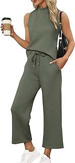 Two Piece Sets for Women Summer Outfits Lounge Sets Mock Neck Tops Wide Leg Crop Pants Vacation Travel Outfits